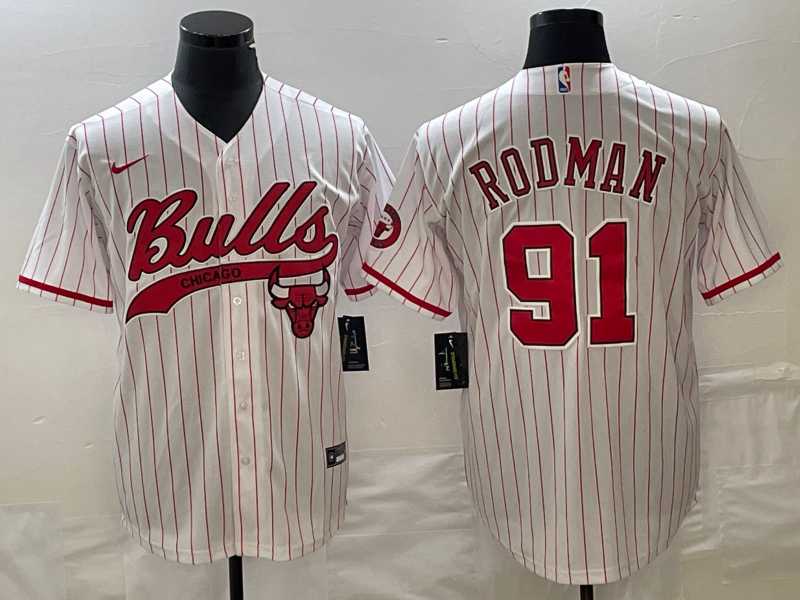 Men%27s Chicago Bulls #91 Dennis Rodman White Pinstripe Cool Base Stitched Baseball Jersey->chicago bulls->NBA Jersey